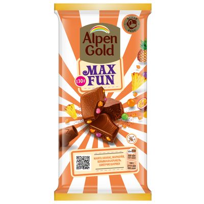 Шоколад молочный Alpen Gold Max Fun со вкусом манго, ананаса, маракуйи, с шипучими рисовыми шариками и взрывной карамелью 130г