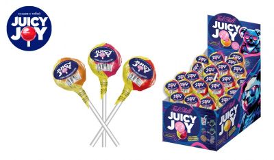 Карамель JUICY JOY на палочке с жевательной резинкой 29г. 12*50