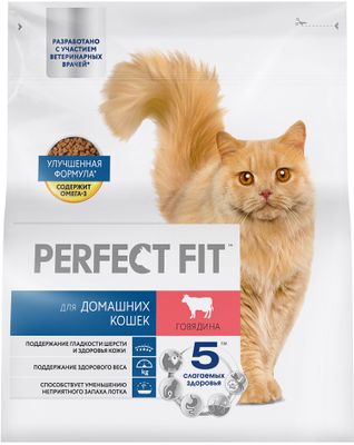 Корм сухой полнорационный PERFECT FIT для живущих в помещении взрослых кошек, с говядиной 1,2кг