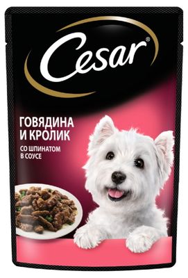 Влажный корм Cesar для взрослых собак, с говядиной, кроликом и шпинатом в соусе, 85г