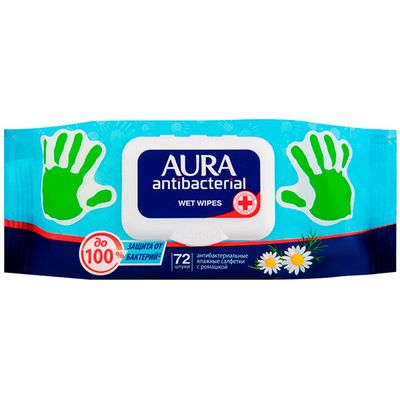Влажные салфетки AURA Antibacterial 72шт Антибактериальные ромашка с крышкой