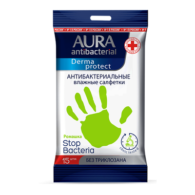 Влажные салфетки AURA стикер "рука" 15шт Derma Protect Ромашка антибактериальные