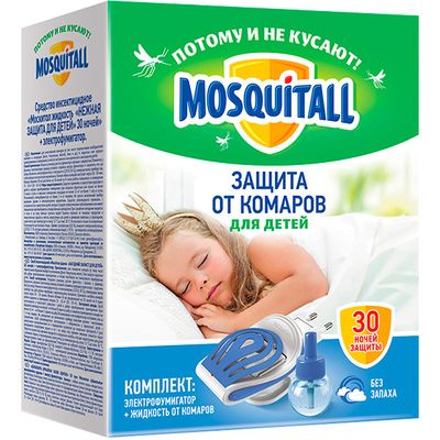 Средство от комаров, клещей и других летающих MOSQUITALL 30мл Комлект Электрофумигатор + жидкость 30 ночей от комаров для детей