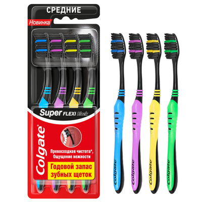 Зубная щетка COLGATE 3+1шт Super Flexi Black сред.жест.