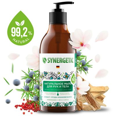 Мыло жидкое SYNERGETIC 380мл натуральное для рук и тела Сандал и ягоды Можжевельника