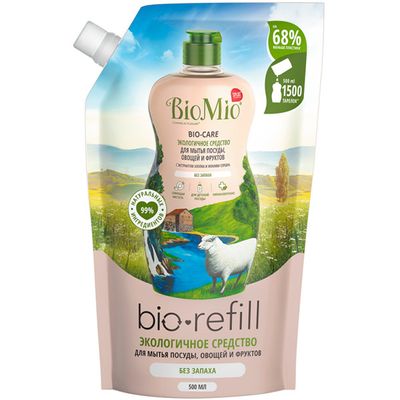 Средство для мытья BIO MIO Bio-Care Refill 500мл посуды, овощей и фруктов БЕЗ ЗАПАХА, дой-пак