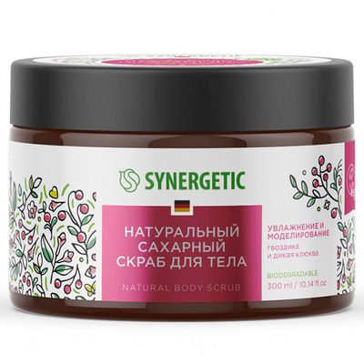 Скраб для тела SYNERGETIC 300мл Гвоздика и дикая клюква натуральный сахарный увлажнение и моделирование