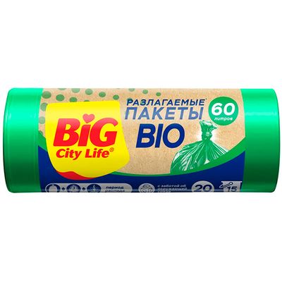 Пакеты для мусора BIG City 60л 20шт 60*80см с затяжками BIO HD зелёные (24шт/ящ)