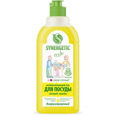 Гель для мытья посуды SYNERGETIC 500мл антибактериальный Лимон*14