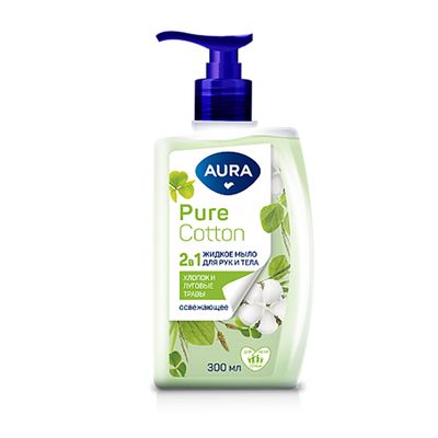 Мыло жидкое AURA Pure Cotton 300мл 2в1 для рук и тела Хлопок и луговые травы*12