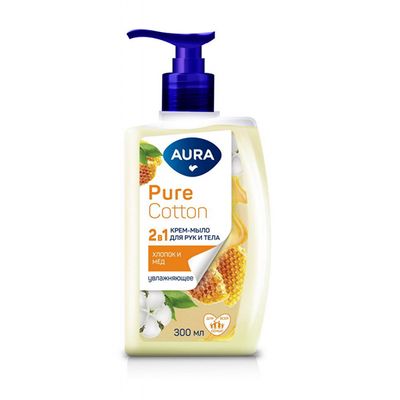 Мыло жидкое AURA Pure Cotton 300мл Крем-мыло 2в1 для рук и тела Хлопок и мёд*12