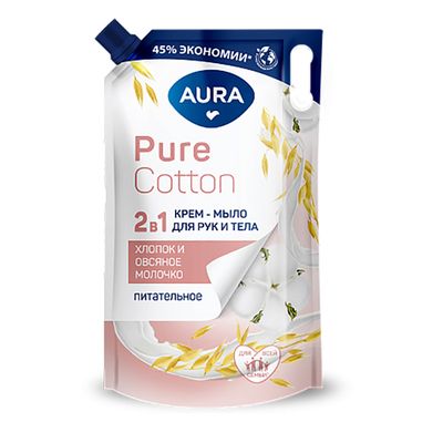 Мыло жидкое AURA 850мл Pure Cotton Крем-мыло 2в1 для рук и тела Хлопок и овсяное молочко дой-пак КК/6