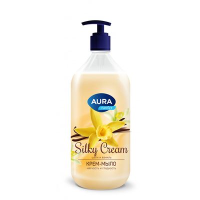 Мыло жидкое AURA Silky Cream 1000мл Крем-мыло Шелк и ваниль флакон/дозатор КК/6