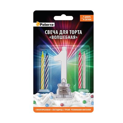 Свечи для торта PATERRA 1шт Свеча Волшебная, цифра 1*24