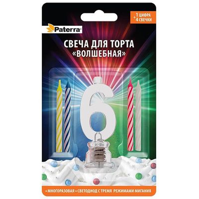 Свечи для торта PATERRA 1шт Свеча Волшебная, цифра 6*24