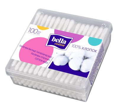 Ватные палочки BELLA Cotton 100шт в пластиковой квадратной упаковке