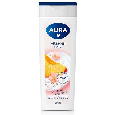 Гель для душа AURA 390мл Крем-гель для душа Персик и Аргана флакон/флиптоп