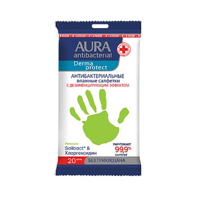 Влажные салфетки универсальные AURA Antibacterial 20шт антибактериальные Derma Protect РОМАШКА pocket-pack/24