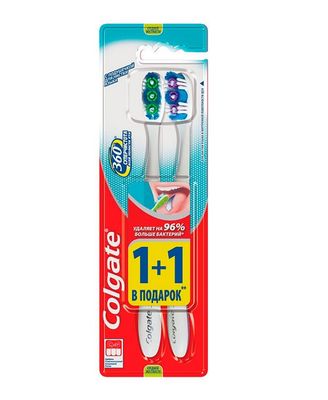 Зубная щетка COLGATE 360 2шт Суперчистота всей полости рта 1+1 бесплатно средние