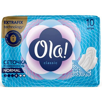 Женские гигиенические прокладки OLA! Classic Wings Singles Normal 10шт толстые Поверхность сеточка с крылышками в индивидуальной уп