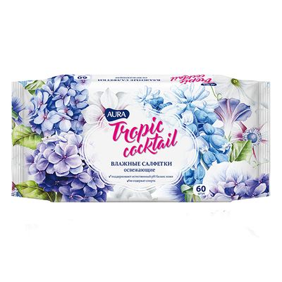 Влажные салфетки AURA Tropic cocktail 60шт освежающие ассорти (2 дизайна)
