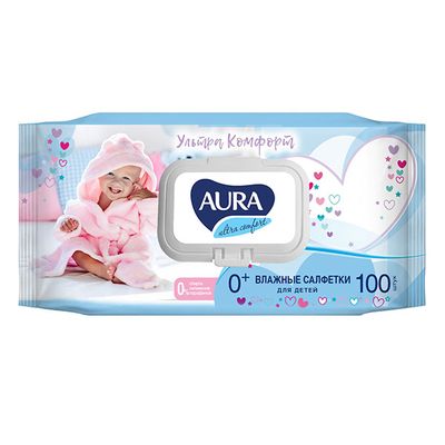 Влажные салфетки для детей AURA ULTRA COMFORT 100шт с экстрактом алоэ и витамином Е с крышкой