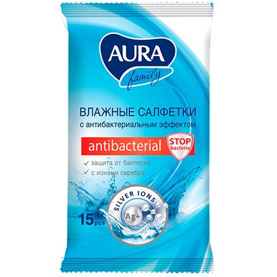Влажные салфетки AURA Family 15шт с антибактериальным эффектом NEW