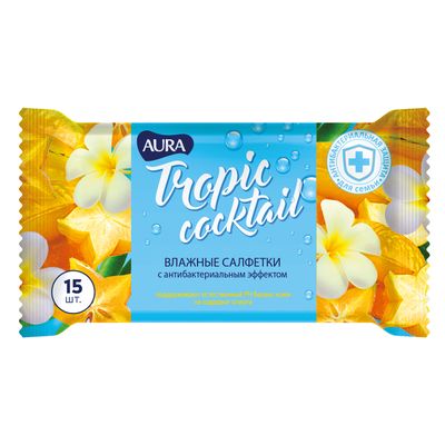 Влажные салфетки AURA Tropic cocktail 15шт с антибактериальным эффектом*110
