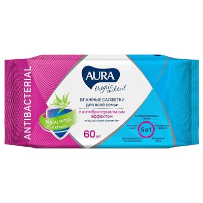 Влажные салфетки AURA Tropic cocktail 60шт с антибактериальным эффектом (2 дизайна)*24