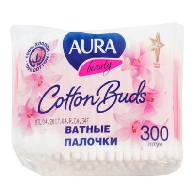 Ватные палочки AURA 300шт п/э пакет*36