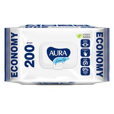 Влажные салфетки AURA Family 200шт для всей семьи антибактериальные big-pack с крышкой КК/12