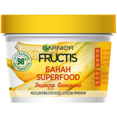 Маска для волос GARNIER Fructis 390мл Superfood Банан 3в1 питательная, для очень сухих волос