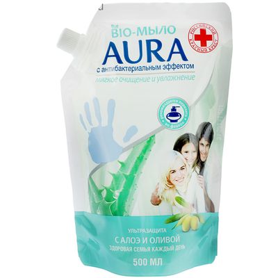 Мыло жидкое AURA FAMILY 1000мл с антибактериальным эффектом Олива и сок Алоэ дой-пак КК/6