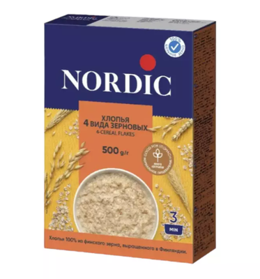 Nordic Хлопья 4 вида зерновых 500гр.*12