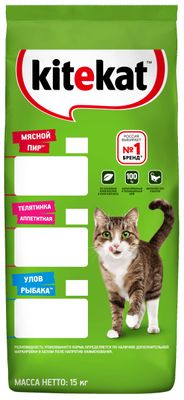 Сухой полнорационный корм Kitekat для взрослых кошек Улов Рыбака, 15кг
