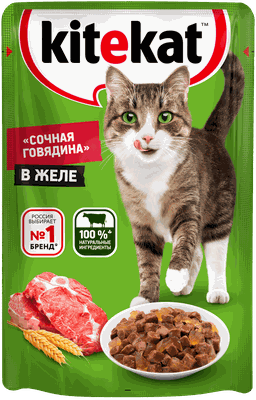 Влажный корм Kitekat для взрослых кошек со вкусом говядины в желе Сочная говядина, 85г