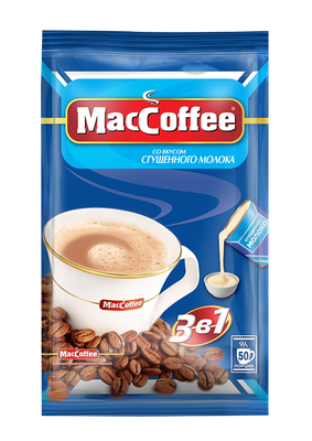 Напиток MacCoffee кофейный растворимый (3 в 1) со вкусом сгущенного молока м/уп 20г*50шт*10 лента