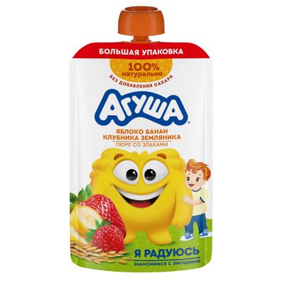 Пюре фруктовое Агуша Яблоко-банан-клубника-земляника-злаки, пауч, 160г