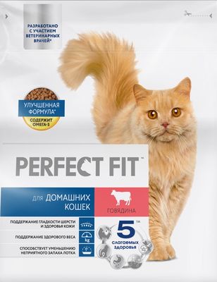 Корм сухой полнорационный PERFECT FIT для живущих в помещении взрослых кошек, с говядиной 1,2кг