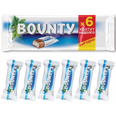 Шоколадный батончик Bounty с нежной мякотью кокоса, пачка 6 штук по 27,5 г