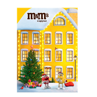 Новогодний подарок набор сладостей M&M'S и друзья Адвент-календарь на Новый Год, набор конфет M&M'S, Snickers, Twix, Bounty, Milky Way, Mars с пазлом, 233 г