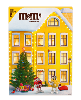 Новогодний подарок набор сладостей M&M'S и друзья Адвент-календарь на Новый Год, набор конфет M&M'S, Snickers, Twix, Bounty, Milky Way, Mars с пазлом, 233 г