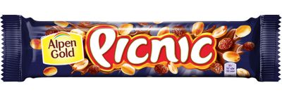 Батончик PICNIC конфета с арахисом и изюмом, начинкой из мягкой карамели, вафель и воздушного риса, покрытая молочным шоколадом, 38г