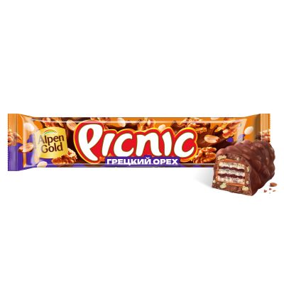 Батончик PICNIC Грецкий Орех конфета с грецким орехом и арахисом начинкой из мягкой карамели вафель и воздушного риса покрытая молочным шоколадом, 52г