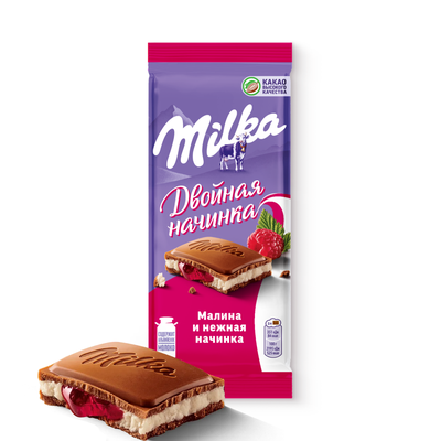 ШОКОЛАД МОЛОЧНЫЙ "МИЛКА" С ДВУХСЛОЙНОЙ НАЧИНКОЙ: МАЛИНОВАЯ НАЧИНКА И НЕЖНАЯ НАЧИНКА СО ВКУСОМ МАЛИНЫ 20x80 г