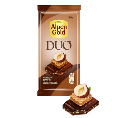 ТЕМНЫЙ ШОКОЛАД И МОЛОЧНЫЙ ШОКОЛАД "АЛЬПЕН ГОЛЬД" DUO (ДУО) С НАЧИНКОЙ С КАКАО, ФУНДУКОМ И ВАФЕЛЬНОЙ КРОШКОЙ В КАРАМЕЛИ, 130г