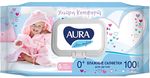 Влажные салфетки для детей AURA ULTRA COMFORT 100шт с экстрактом алоэ и витамином Е с крышкой