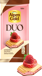 БЕЛЫЙ ШОКОЛАД И МОЛОЧНЫЙ ШОКОЛАД "АЛЬПЕН ГОЛЬД" DUO (ДУО) С КЛУБНИЧНОЙ НАЧИНКОЙ И ФРУКТОВЫМИ КУСОЧКАМИ С КЛУБНИКОЙ, МАЛИНОЙ, 130г